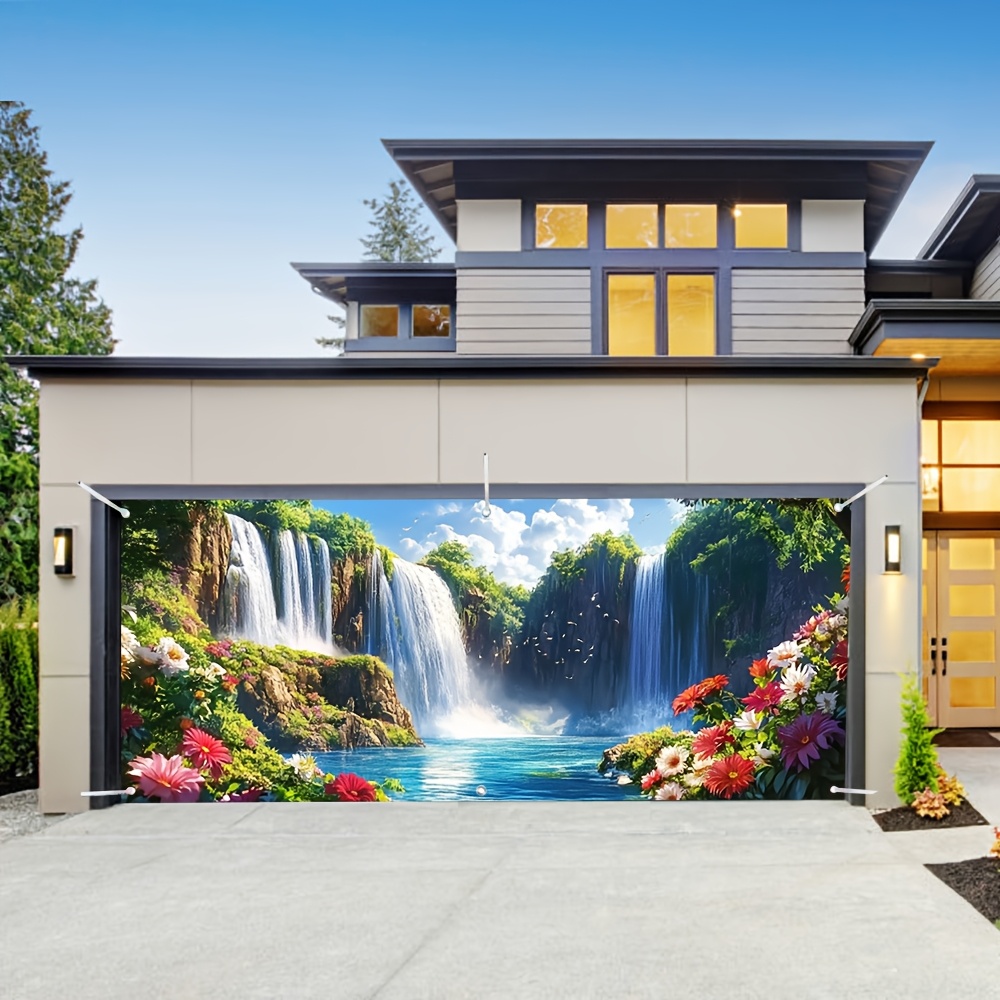 Outdoor Power Garage - แบนเนอร์ประตูโรงรถน้ําตกและดอกไม้ที่หรูหรา - การตกแต่งกลางแจ้งโพลีเอสเตอร์ขนาดใหญ่ไม่มีพลังงานสําหรับทุกฤดูกาลและการเฉลิมฉลอง