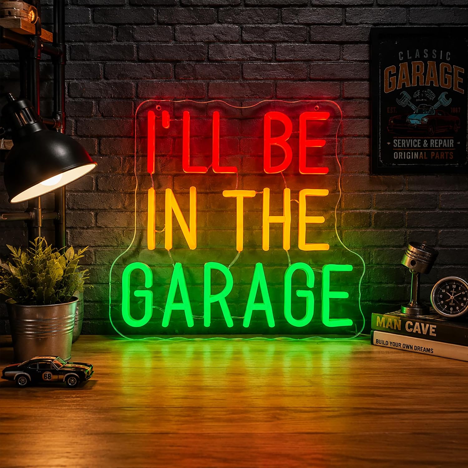 Outdoor Power Garage - ฉันจะอยู่ในโรงรถ ป้ายไฟนีออน LED ใช้พลังงาน USB สำหรับตกแต่งห้องทำงาน