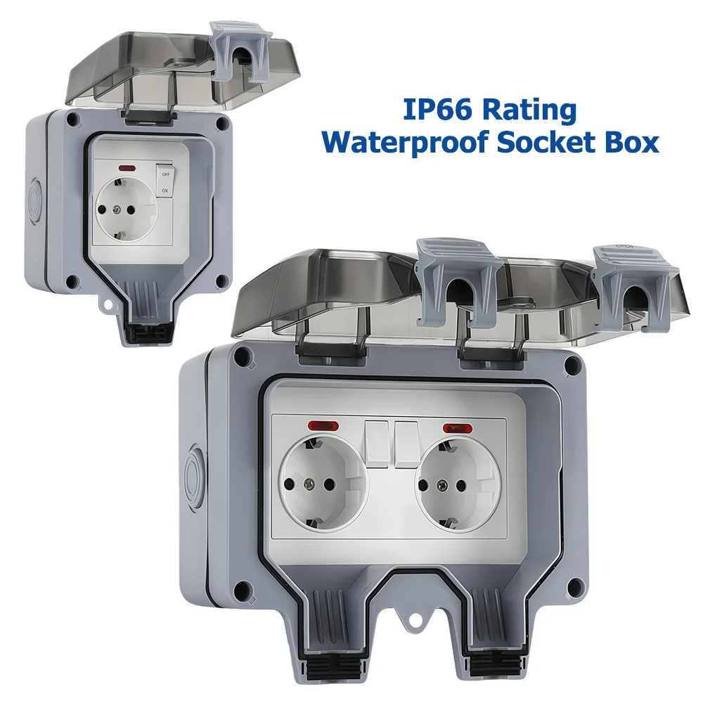 Power Switch Outdoor - เต้ารับไฟฟ้าภายนอกแบบยุโรป พร้อมสวิตช์และไฟแสดงสถานะ ระดับการป้องกัน IP66 ติดตั้งบนพื้นผิว เหมาะสำหรับห้องน้ำ