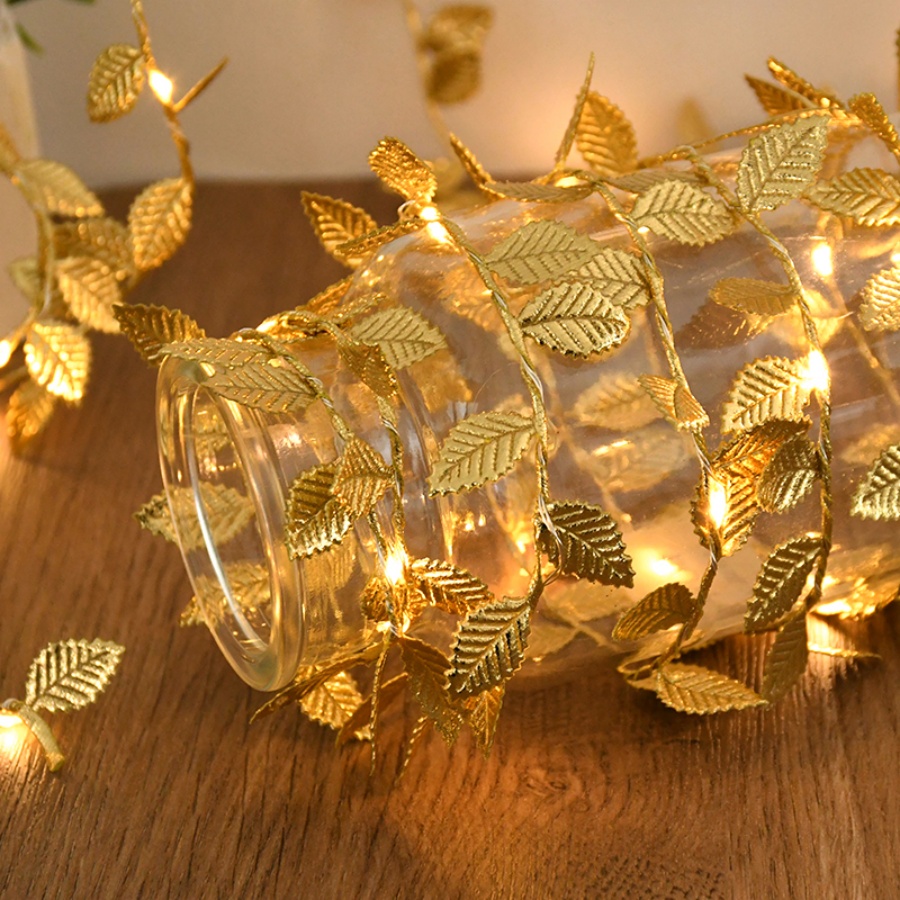 Outdoor Power For Christmas Lights - ไฟประดับรูปใบไม้สีทอง สายทองแดง ใช้แบตเตอรี่ เหมาะสำหรับตกแต่งงานคริสต์มาส งานแต่งงาน งานวันเกิด