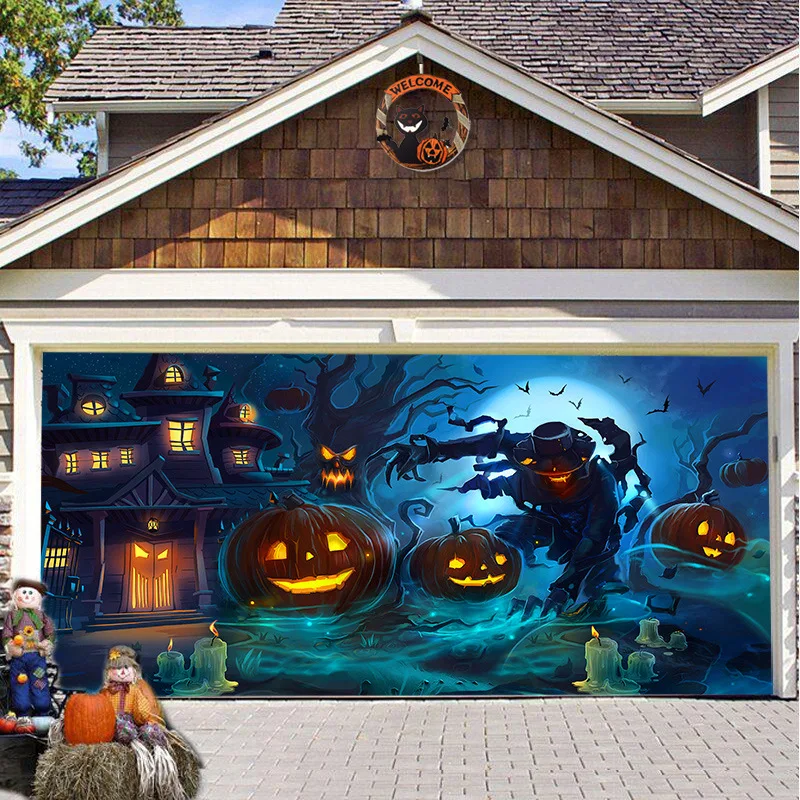 Outdoor Power Garage - แบนเนอร์ประตูโรงรถฮาโลวีนสุดหลอน ตกแต่งกลางแจ้งขนาดใหญ่ เหมาะสำหรับฉากหลังงานปาร์ตี้ วันหยุด ไม่ต้องใช้ไฟฟ้า